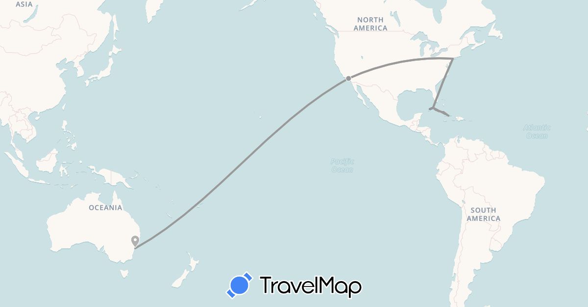 TravelMap itinerary: driving, plane in Australia, Cuba, United States (North America, Oceania)